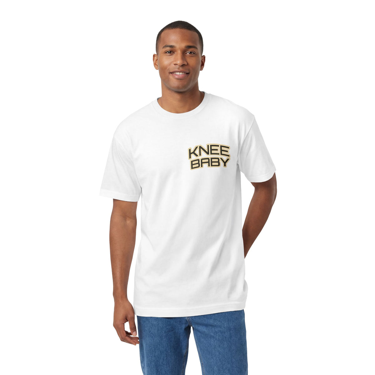 KNEE BABY Graphic Tee — Minimal Chest Logo & Back Text