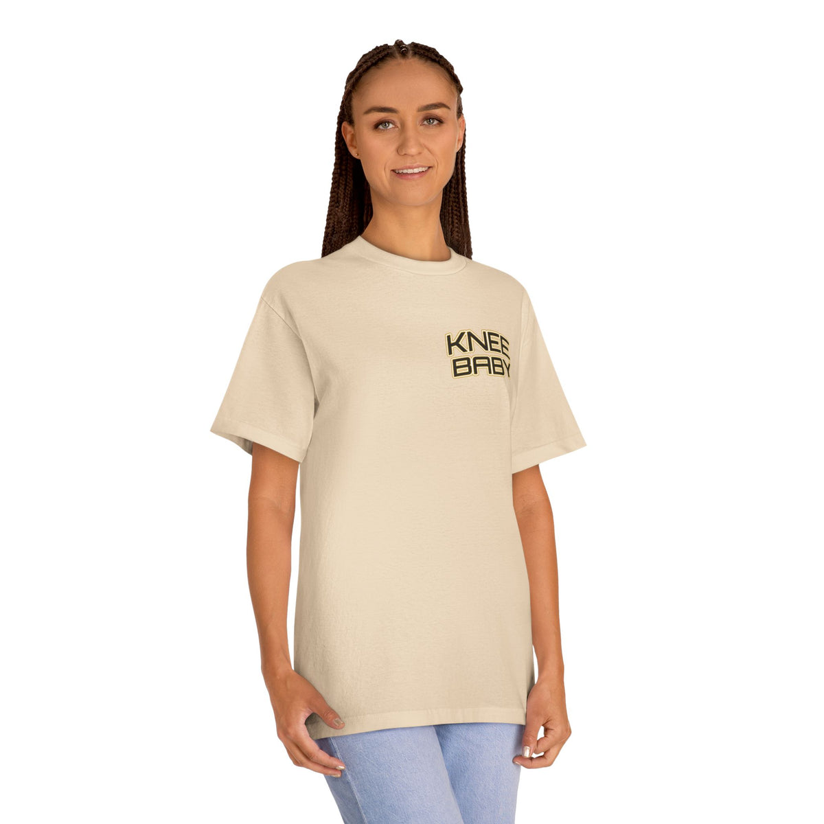 KNEE BABY Graphic Tee — Minimal Chest Logo & Back Text