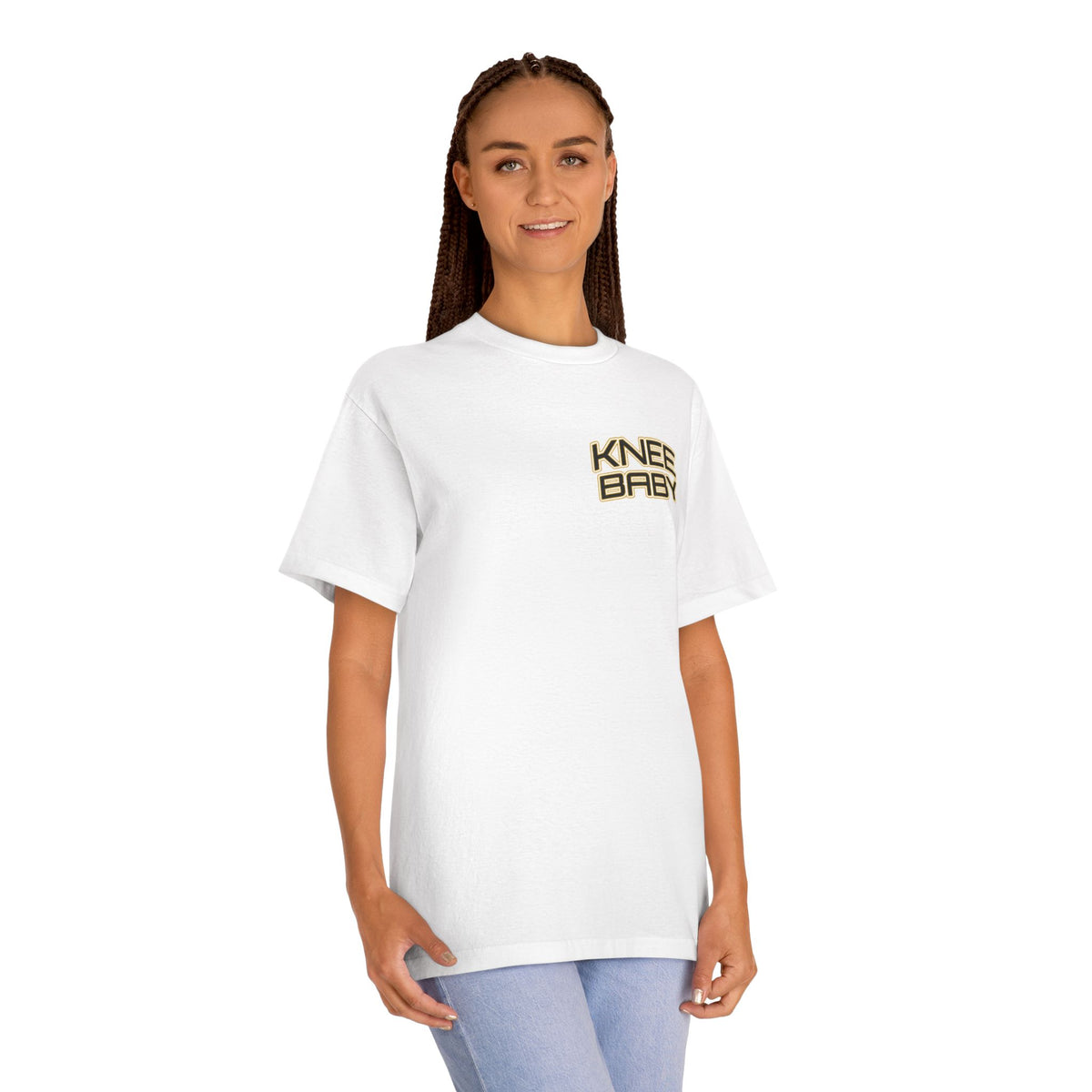 KNEE BABY Graphic Tee — Minimal Chest Logo & Back Text