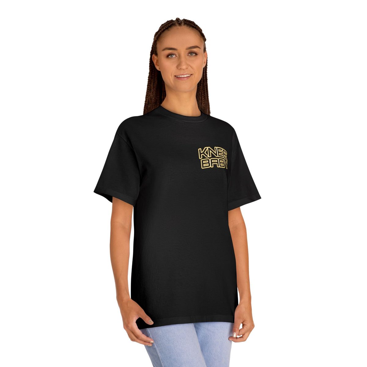 KNEE BABY Graphic Tee — Minimal Chest Logo & Back Text